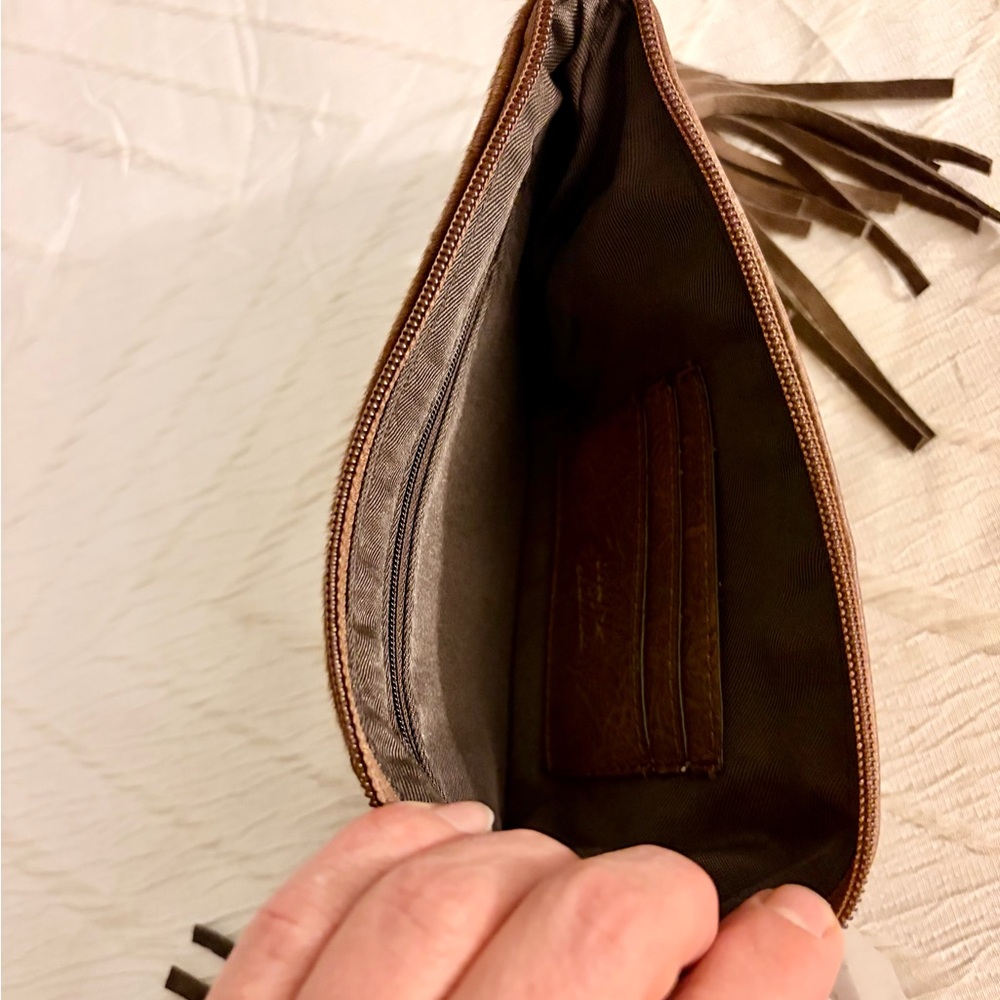 Tony Lama Brown Leather calf hair fringe western clutch purse NWT - Picture 6 of 8